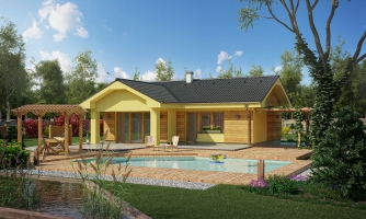Petite maison avec terrasse. Peut être construite en tant que maison jumelée avec un projet miroir.